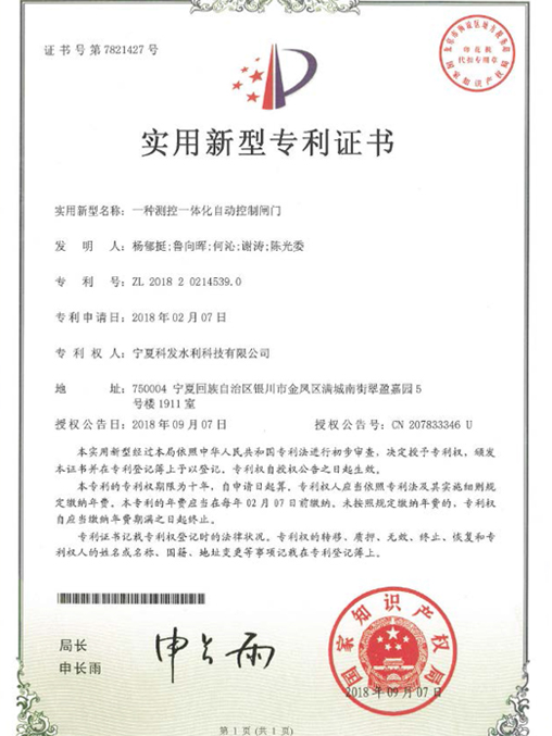 測(cè)控一體化自動(dòng)控制閥門專利證書(shū)